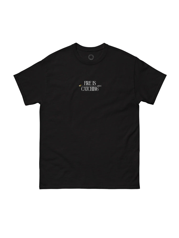 Black t-shirt with text on a white background