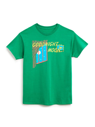 A green short-sleeve crewneck t-shirt featuring a colorful graphic on the front with the text 'GOODNIGHT MOON' and an illustration of a window with stars and a moon.