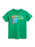 A green short-sleeve crewneck t-shirt featuring a colorful graphic on the front with the text 'GOODNIGHT MOON' and an illustration of a window with stars and a moon.