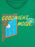 A close-up of a green crewneck t-shirt featuring a graphic print of a window with red curtains, a blue night sky with stars and moon, and yellow text reading 'GOODNIGHT MOON'.