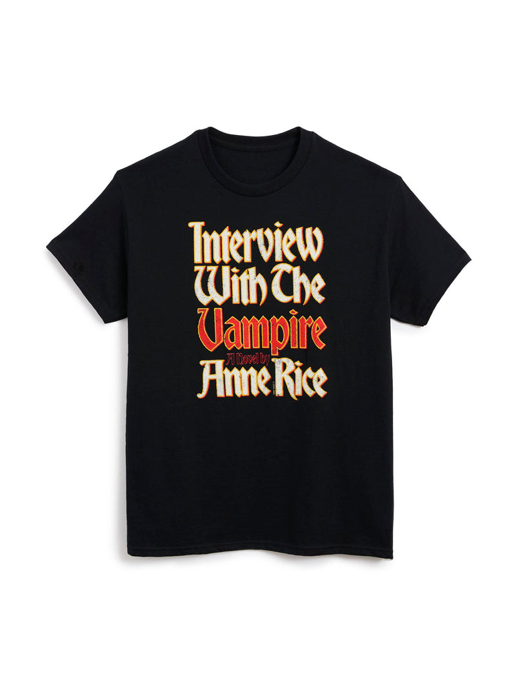A black short-sleeve crewneck t-shirt featuring a stylized graphic print on the front that reads 'Interview With The Vampire' in a cream-colored gothic font, with 'Anne Rice' printed in red gothic font underneath.