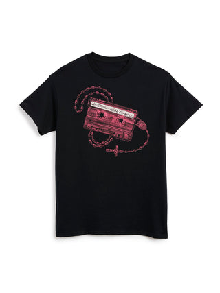 A black short-sleeve crewneck t-shirt featuring a graphic print of a red cassette tape with a rosary chain and cross.