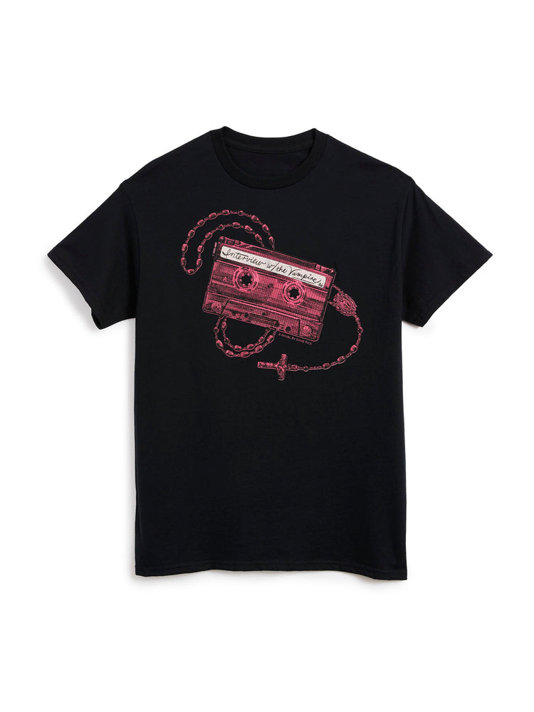 A black short-sleeve crewneck t-shirt featuring a graphic print of a red cassette tape with a rosary chain and cross.