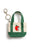 A small canvas tote keychain bag with dark green handles and bottom trim, cream canvas sides, and a red apple graphic on the front, attached to a silver metal key ring on a white background.