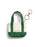 A small canvas tote keychain bag with dark green handles and bottom trim, and an off-white center panel, shown on a white background with a brass key ring and clasp attached.