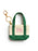 A small canvas tote keychain with a green handle and bottom trim, cream canvas body, pink embroidered text reading 'THE BOOK WAS BETTER', and a gold-tone key ring and clasp on a white background.