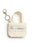A small canvas tote keychain in cream with navy blue lined borrowing form text, featuring a gold-tone metal clasp and key rings, on a white background.