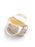 A small cream canvas tote bag with a pale yellow interior lining, featuring blue printed text and stripes on the side, a top handle, and a silver metal ring attachment, shown on a white background.
