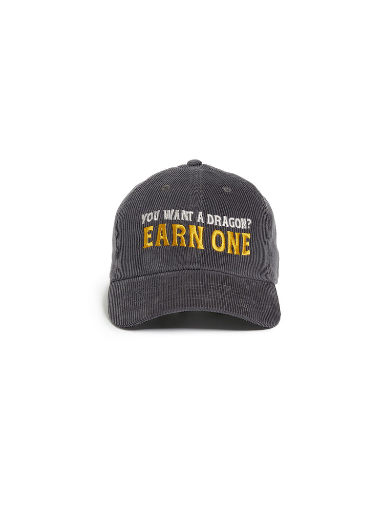 Gray cap with yellow text 'You want a dragon? Earn one' on a white background