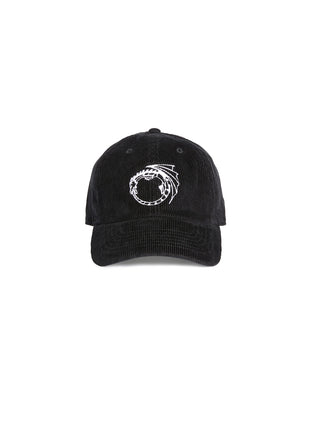 Black cap with a white logo on a white background