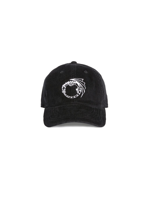 Black cap with a white logo on a white background