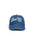 Blue denim cap with white text on a white background