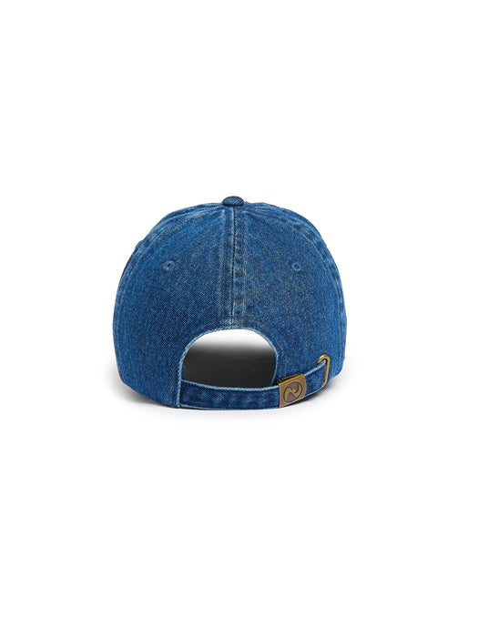 Blue denim cap on a white background
