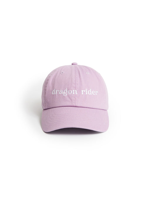 A light purple dad hat baseball cap with 'dragon rider' embroidered in white script on the front, shown against a plain white background.