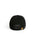 A black baseball cap shown from the back, featuring a black adjustable strap with a small gold-tone metal logo badge on the side, set against a plain white background.