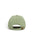 A green baseball cap shown from the back, featuring a fabric strap with a small brown metal brand patch.