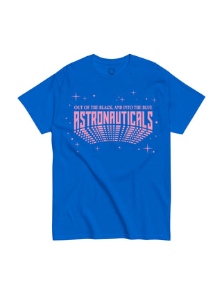 A bright blue short-sleeve t-shirt with a pink and white graphic on the chest reading 'Astronauticals' and 'Out of the black, and into the blue', displayed on a clean white background.