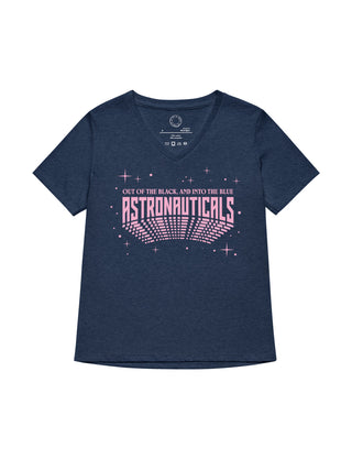 A women's heather navy blue V-neck t-shirt with a pink graphic on the front reading 'OUT OF THE BLACK, AND INTO THE BLUE ASTRONAUTICALS' surrounded by pink stars, shown on a plain white background.