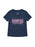 A women's heather navy blue V-neck t-shirt with a pink graphic on the front reading 'OUT OF THE BLACK, AND INTO THE BLUE ASTRONAUTICALS' surrounded by pink stars, shown on a plain white background.