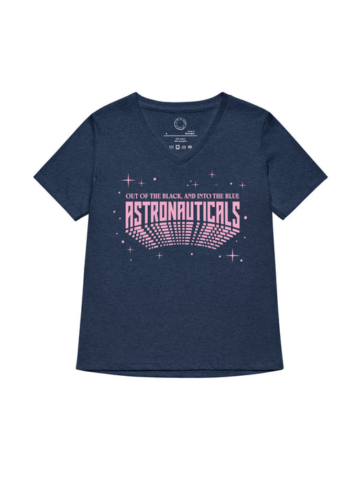 A women's heather navy blue V-neck t-shirt with a pink graphic on the front reading 'OUT OF THE BLACK, AND INTO THE BLUE ASTRONAUTICALS' surrounded by pink stars, shown on a plain white background.