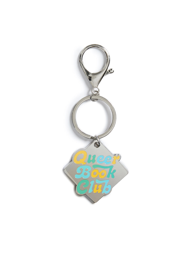 Keychain with 'Queer Book Club' text on a white background