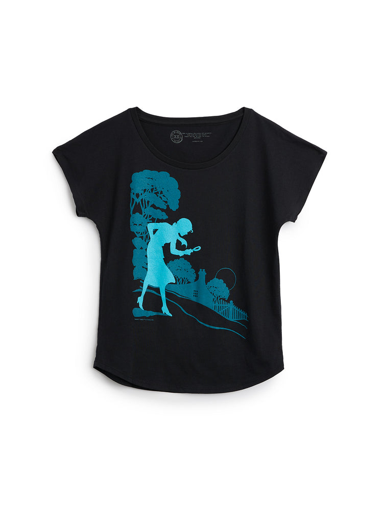 Black t-shirt with blue graphic design on a white background