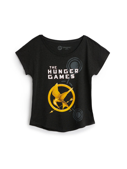 Black t-shirt with 'The Hunger Games' logo on a white background