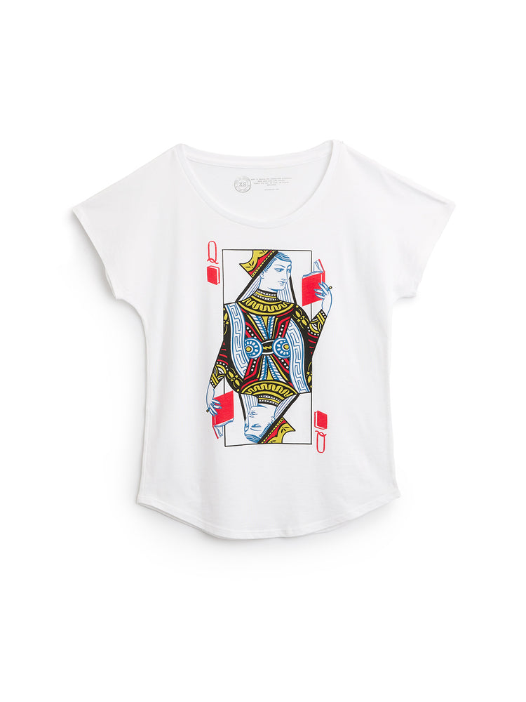 White t-shirt with a graphic design on a white background