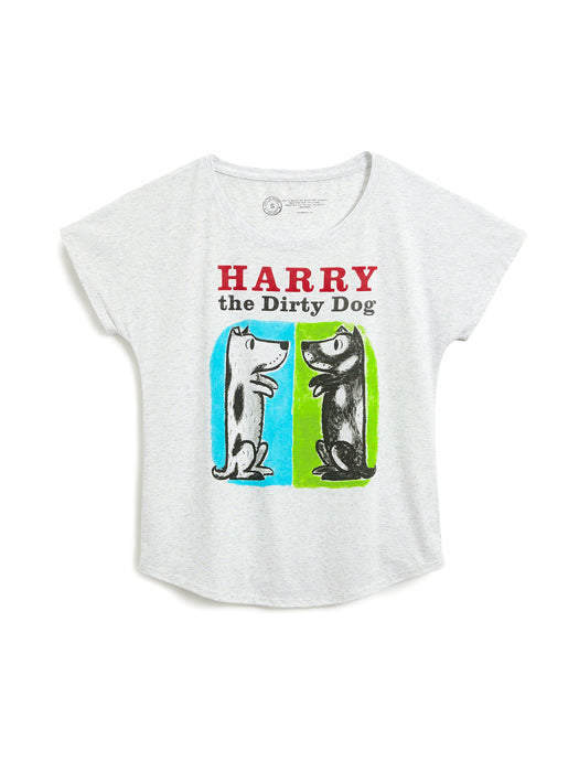 A light heather white short-sleeve t-shirt featuring a 'Harry the Dirty Dog' graphic print on the front, displayed against a clean white background.