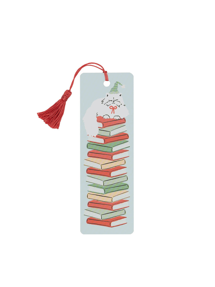 Bookmark with a cat on books design and tassel on a white background