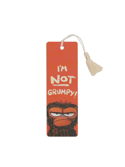 Bookmark with cartoon character and text 'I'm not grumpy!' on an orange background