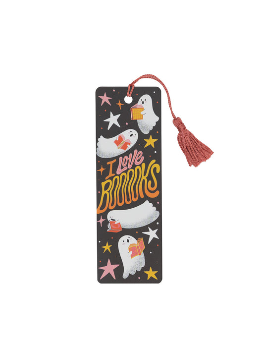 Bookmark with ghost illustrations and 'I love books' text on a white background