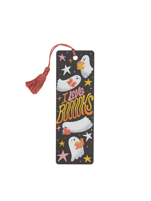 Bookmark with cartoon ghosts and 'I Love Books' text on a white background