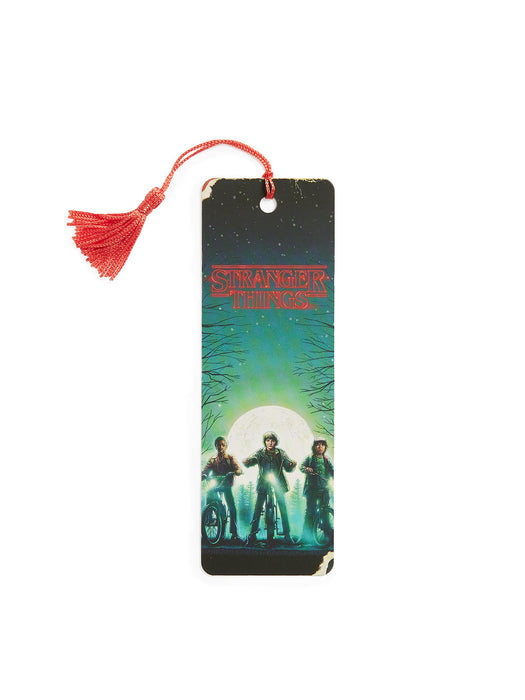 Bookmark with 'Stranger Things' design featuring characters and a tassel on a white background
