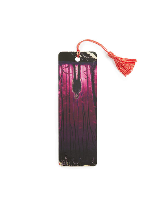 Bookmark with a purple and black design and a red tassel on a white background