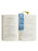 Open book with a bookmark featuring blue text and a yellow tassel on a white background