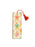 A rectangular paper bookmark with a warm cream background, printed with a repeating pattern of gingerbread men reading books in red, green, and pink, and finished with a tassel string.