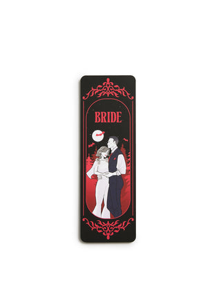 A rectangular black bookmark with a gothic 'Bride' illustration featuring a couple in wedding attire, red ornate borders, and a small red rose, shown on a plain white background.
