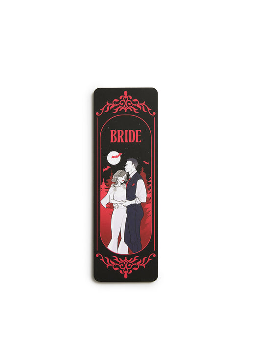 A rectangular black bookmark with a gothic 'Bride' illustration featuring a couple in wedding attire, red ornate borders, and a small red rose, shown on a plain white background.