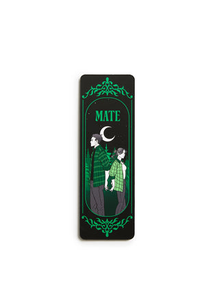 A rectangular black bookmark featuring a green and white graphic illustration of a couple under a crescent moon, with the word 'MATE' at the top, shown on a plain white background.