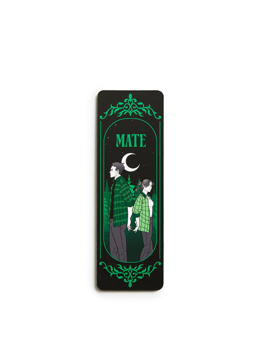 A rectangular black bookmark featuring a green and white graphic illustration of a couple under a crescent moon, with the word 'MATE' at the top, shown on a plain white background.