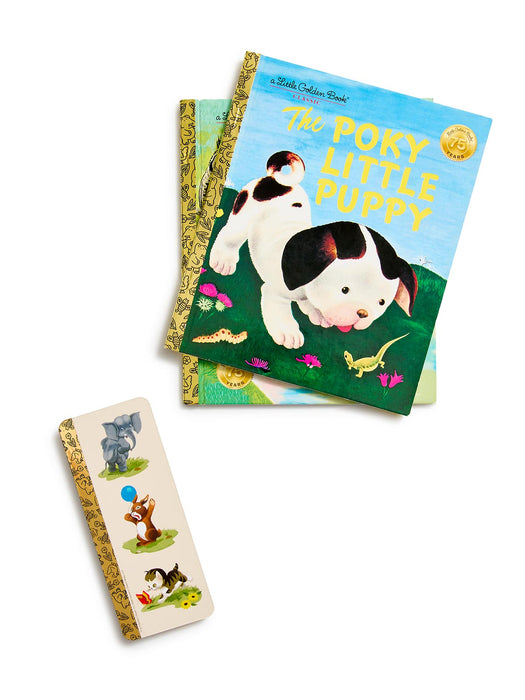 A children's board book titled "The Poky Little Puppy" shown with its gold-patterned spine and a small matching bookmark featuring illustrated animals, photographed on a clean white background.