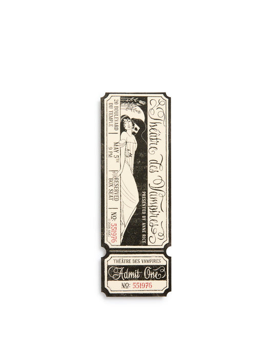 A vintage-style admit-one theatrical ticket bookmark for Interview with the Vampire - Theatre des Vampires, featuring an Art Nouveau illustration of a woman and gothic typography on a cream and black background.