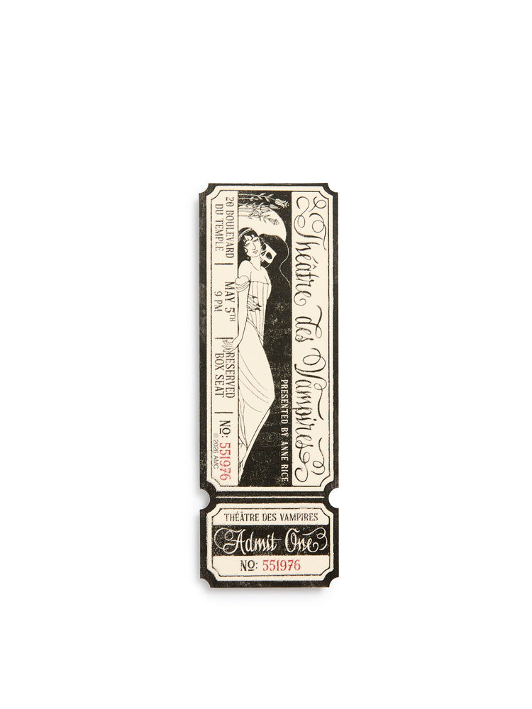 A vintage-style admit-one theatrical ticket bookmark for Interview with the Vampire - Theatre des Vampires, featuring an Art Nouveau illustration of a woman and gothic typography on a cream and black background.