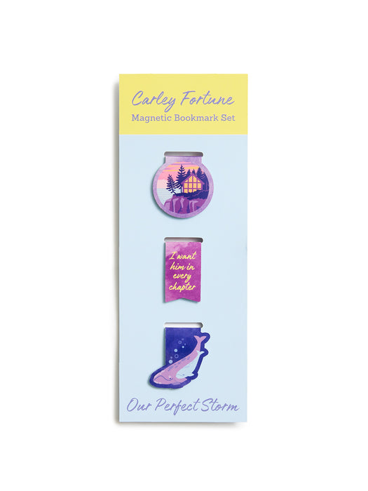 Set of three magnetic bookmarks in packaging with 'Carley Fortune' branding on a white background.