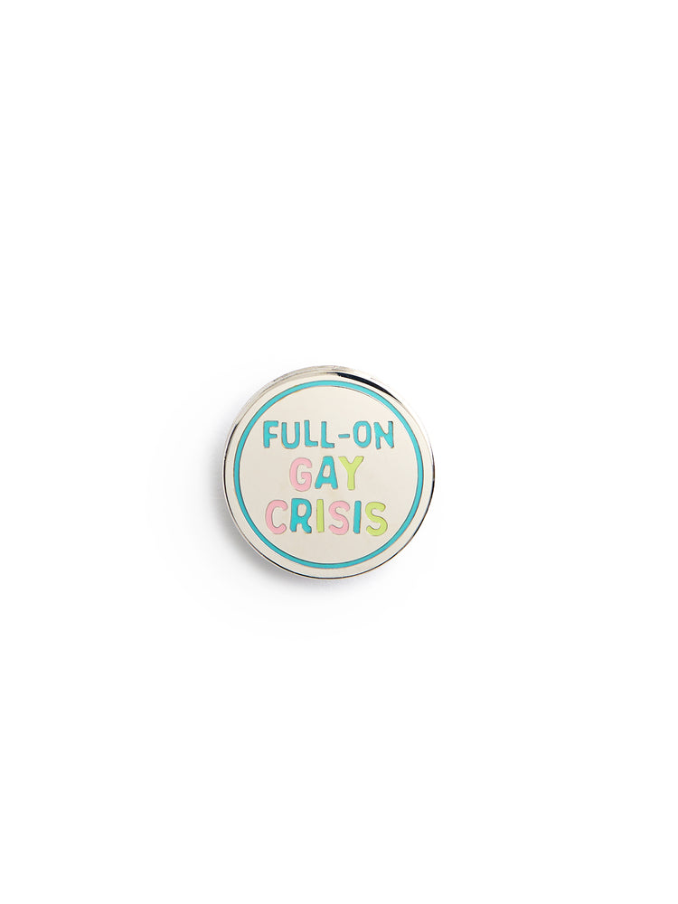 Round badge with 'Full-On Gay Crisis' text on a white background