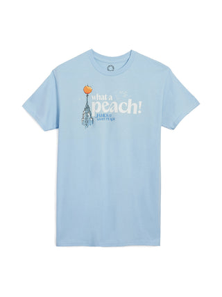 Light blue t-shirt with a graphic design and text on a white background