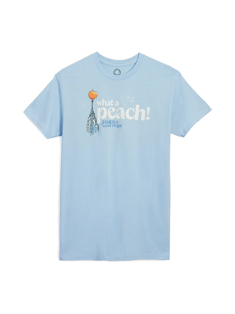 Light blue t-shirt with a graphic design and text on a white background