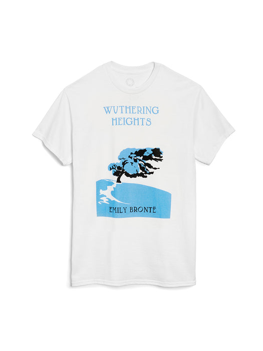 White t-shirt with 'Wuthering Heights' design featuring a blue wave and black figures on a white background