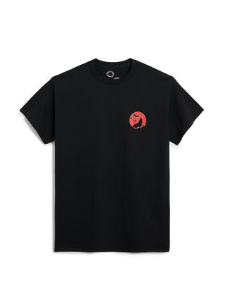 Black t-shirt with a red logo on a white background